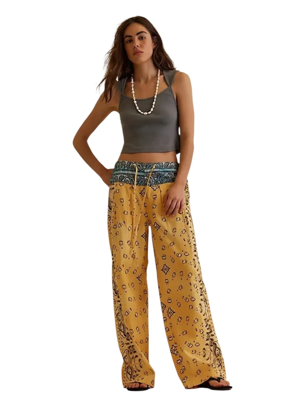 Free People Mustard Yellow Patterned Wide Leg Pants